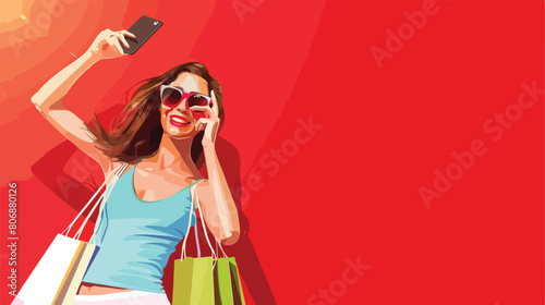 Young woman with shopping bags taking selfie on red background