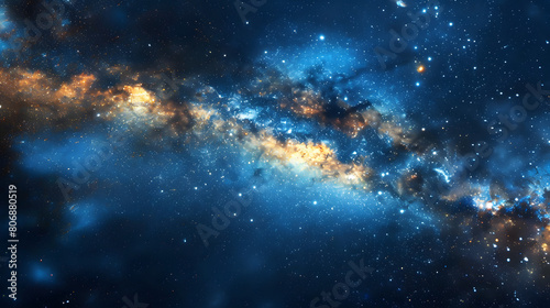 intense dramatic interaction of interstellar clouds within a galaxy, illuminated by clusters of bright stars. The contrast between the dark blues and vibrant golds enhances