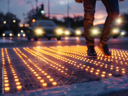 A person walking on a crosswalk with illuminated led lights. photo