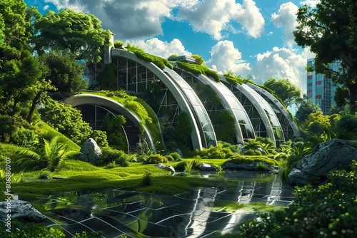 futuristic ecofriendly recycling center with sustainable living practices digital painting