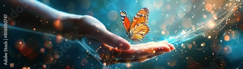 Concept of Harmony: Butterfly on human hand