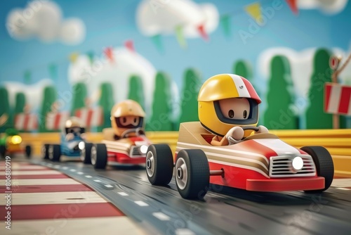 A cartoon race with a man in a yellow helmet driving a red and white car, Children’s Concept. photo