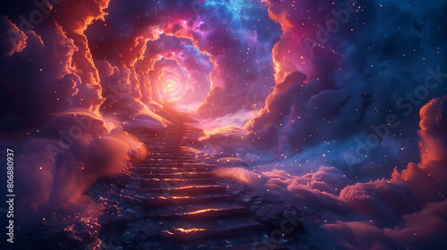 A staircase leading into a tunnel of swirling colors, surreal dream wallpaper photo