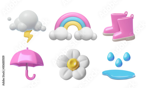 Pink 3D boots and umbrella rainy weather vector emoji set. Three dimensional cute baby girl toy spring and summer objects collection on white background.