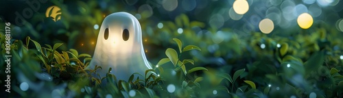 Cute cartoon ghost glowing in the dark forest.