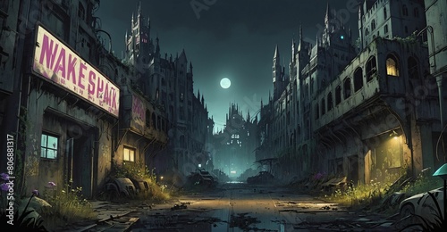 Gothic cyberpunk lo-fi dystopia city and castle. Dark goth post apocalyptic overgrowth cityscape atmosphere with palace at night with fog and haze sky.