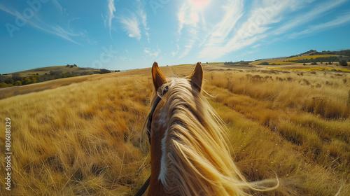 horse in the field. POV of riding a horse in a field. Point of view of riding a horse.  photo