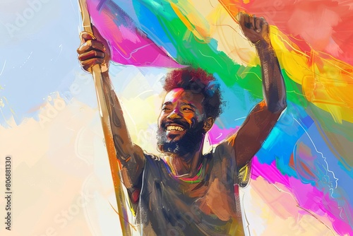 happy african american man waving rainbow flag pride month inclusive workplace digital painting photo