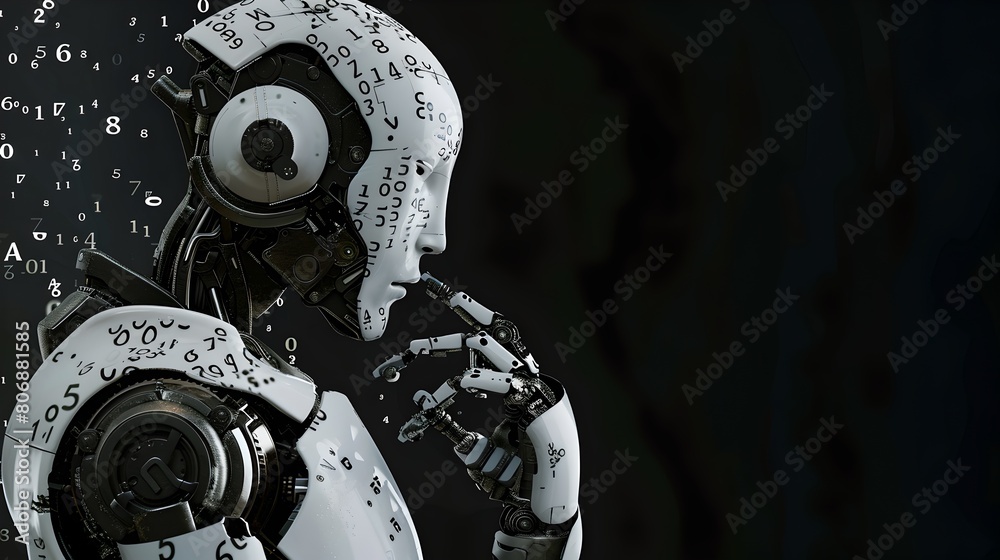 Fototapeta premium Futuristic AI Robot with Intricate Design Pondering Existence. Conceptual, Perfect for Technology Background. Modern, Creative, Mysterious. AI