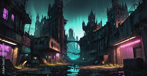 Gothic cyberpunk lo-fi dystopia city and castle. Dark goth post apocalyptic overgrowth cityscape atmosphere with palace at night with fog and haze sky.