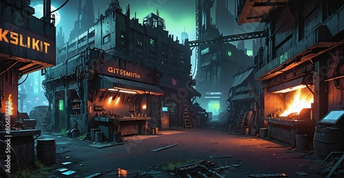 Dystopian cyberpunk gothic sci-fi blacksmith forge shop in futuristic city. Overgrowth on shop building exterior at night.