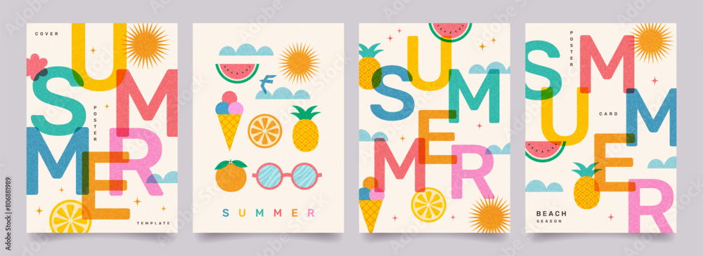 Creative concept of summer bright posters set. Modern abstract design with typography, geometric summer fruits, shapes with overlay effect. Template for branding, ads, banner, cover, card, sales. Creative concept of summer bright posters set. Modern abstract design with typography, geometric summer fruits, shapes with overlay effect. Template for branding, ads, banner, cover, card, sales.