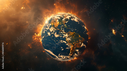 Earth on Fire: Planet Earth Engulfed by Fiery Flames in Space, Catastrophic Global Warming Concept, Generative Ai