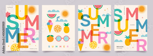 Creative concept of summer bright posters set. Modern abstract design with typography, geometric summer fruits, shapes with overlay effect. Template for branding, ads, banner, cover, card, sales.