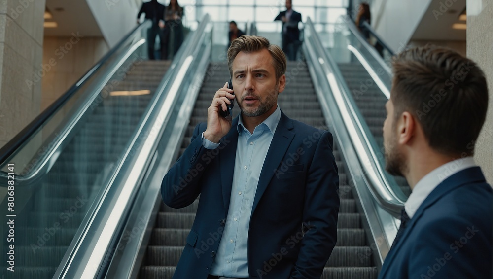 Professional business man using phone calling while using escalator, Skilled caucasian executive manager talking to business team to report and discuss marketing idea or plan, Front view, Exultant Professional business man using phone calling while using escalator, Skilled caucasian executive manager talking to business team to report and discuss marketing idea or plan, Front view, Exultant