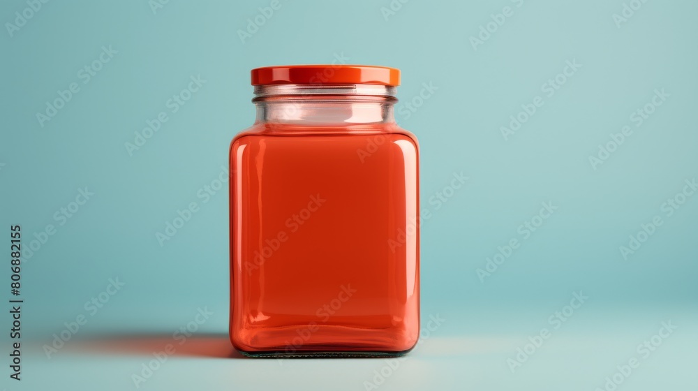 A glass jar with a red lid sits against a vivid blue background A glass jar with a red lid sits against a vivid blue background