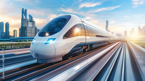 Futuristic High-Speed Train Gliding Through a Modern City. Concept of Advanced Public Transportation System. Clean and Efficient Travel Theme. AI