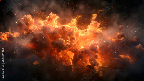 Explosion with Smoke and Flames on Black Background, Dynamic Fireball Bursting in Action, Fiery Inferno Illustration, Generative Ai