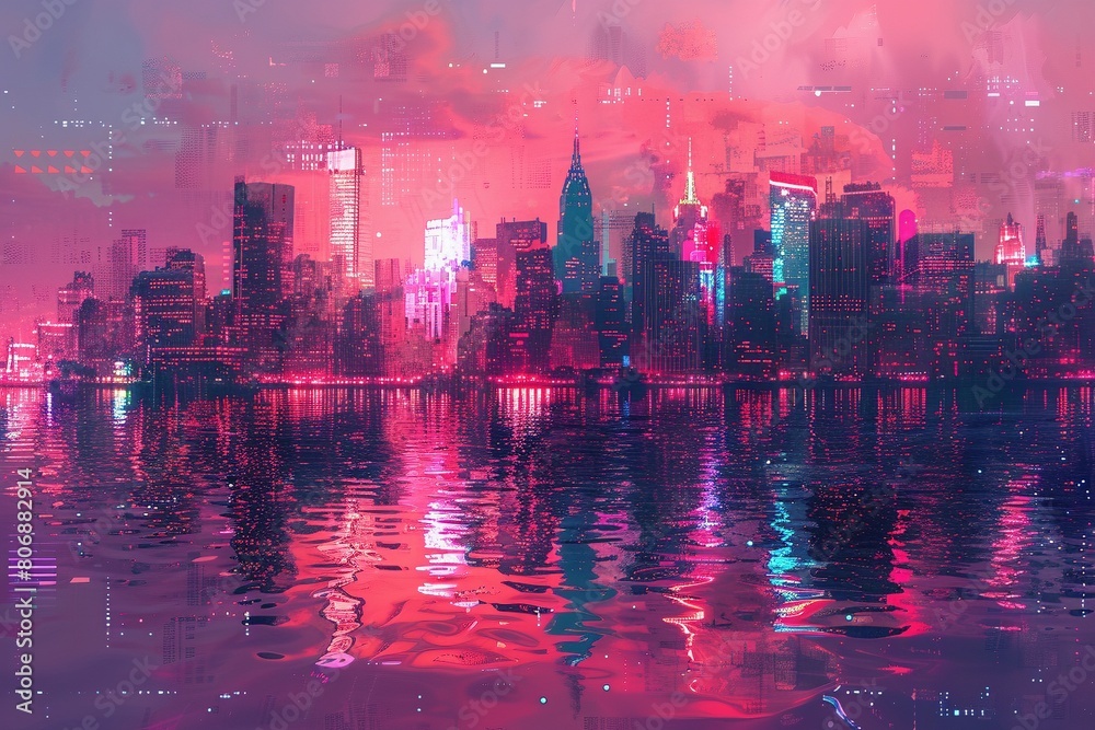 Fototapeta premium Glitched cityscape reimagined as neon-hued pixel art, showcasing a warped digital aesthetic.