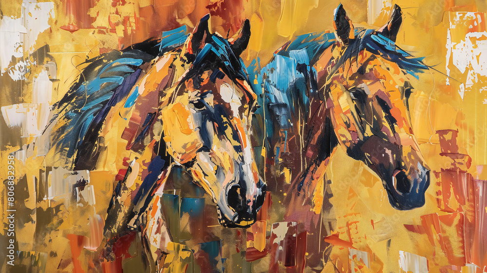Breathtaking Abstract Oil Painting: A Symphony of Golden Horses and Vibrant Strokes in a Modern Art Masterpiece