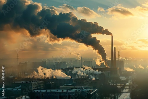 industrial power plant emitting thick plumes of co2 smoke from towering chimneys contributing to air pollution and global warming through fossil fuel combustion environmental impact concept photo photo