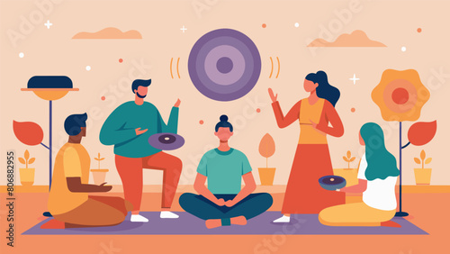During a weekend wellness retreat participants engage in sound healing sessions that combine traditional healing instruments with modern technology. Vector illustration