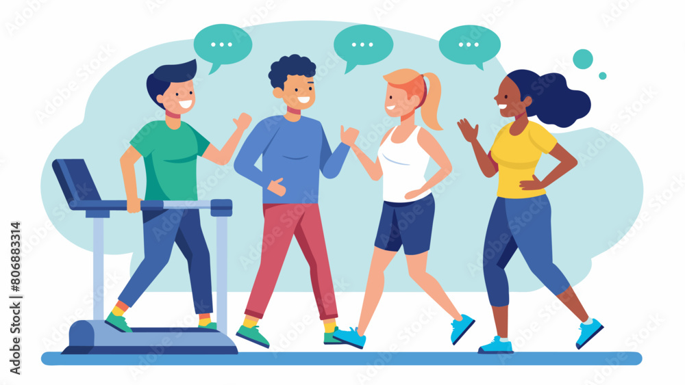 A group of friends chatting while walking on treadmills enjoying a lively fitness conversation as they exercise.. Vector illustration