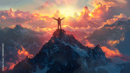 Man Standing Triumphantly on Top of a Peak with Open Arms, Embracing Success and Freedom, Generative Ai