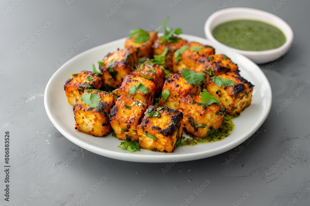 Char grilled paneer cubes with cilantro on a grey table, paired with a vibrant green sauce Char grilled paneer cubes with cilantro on a grey table, paired with a vibrant green sauce