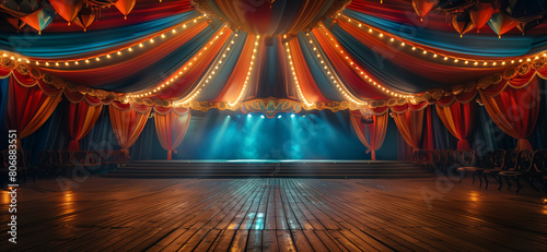 Title: Enchanting Circus Stage with Dramatic Curtains. Majestic circus stage, draped in luxurious curtains, illuminated by lights, ready for a spectacular performance. photo