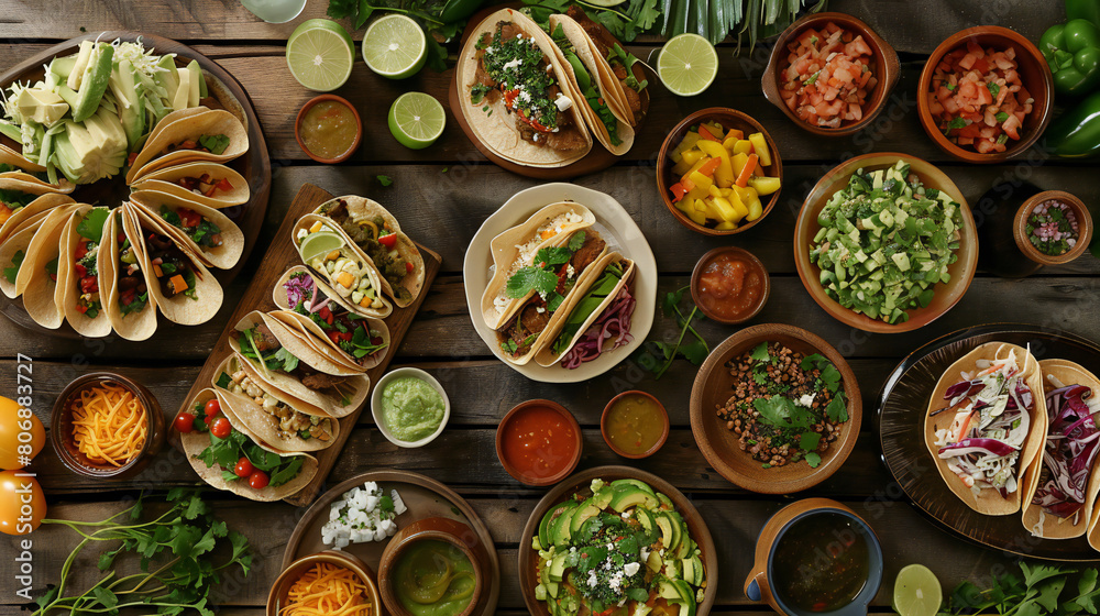 Mouthwatering Mexican Fiesta: A Scrumptious Table Laden with Tacos and Colorful Sides