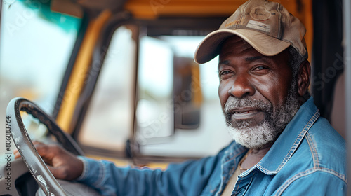 Middle-Aged African Trucker Driving a Truck and Delivering Goods on Highway, Transportation and Logistics Concept, Generative Ai
