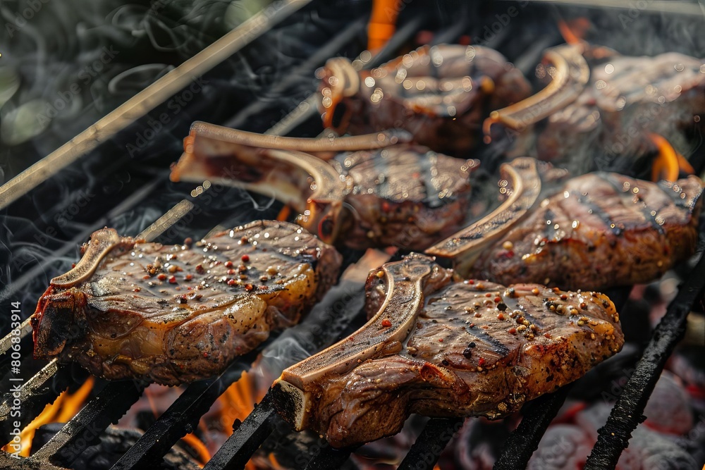 juicy flamegrilled tbone steaks sizzling over hot charcoal infusing the air with smoky aroma and evoking the essence of summer barbecue outdoor cooking concept photo juicy flamegrilled tbone steaks sizzling over hot charcoal infusing the air with smoky aroma and evoking the essence of summer barbecue outdoor cooking concept photo