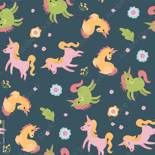 Seamless pattern with cute unicorns. A mythological and magical creature. Design for fabric  textiles  wallpaper  packaging.  