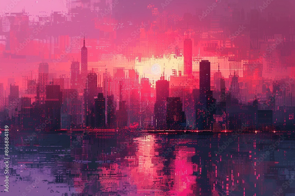 A pixelated cityscape in a distorted digital style, rendered with a neon color palette.