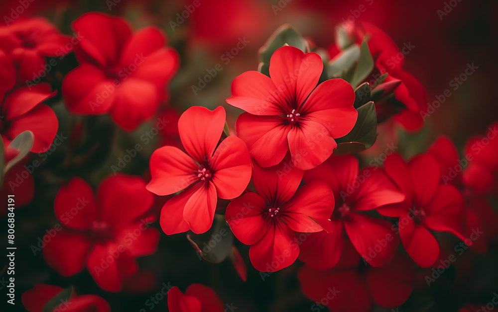 Red geranium flowers with green leaves in the garden, stock photo Red geranium flowers with green leaves in the garden, stock photo