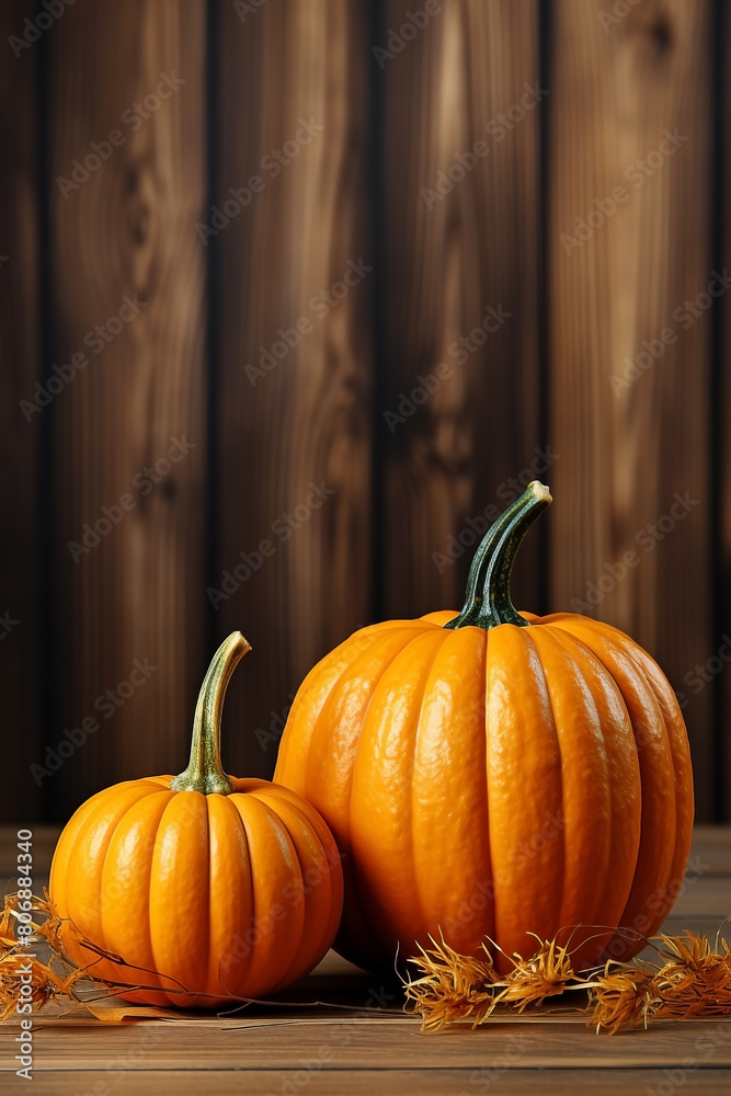 Thanksgiving pumpkins with space for text on brown wood background. Halloween and Holiday decoration Thanksgiving pumpkins with space for text on brown wood background. Halloween and Holiday decoration