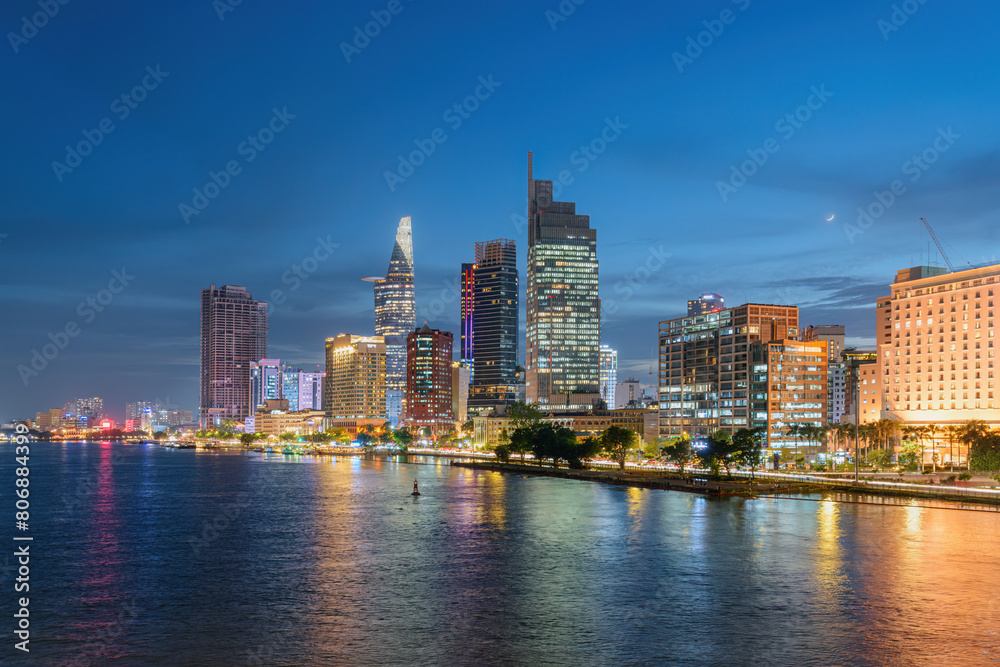 Ho Chi Minh City skyline, Vietnam. Night view of skyscrapers