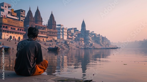 A man enjoying a peaceful moment by the Ganges river in Varanasi, India photo