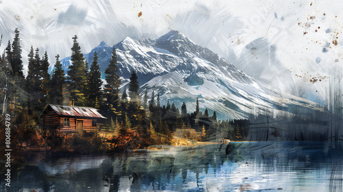 Stunning Wooden Cabin by the Riverside: Serene Winter Scene with Snow-capped Mountains and Grunge Brushstroke Texture Illustrated by Generative AI