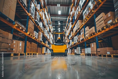 modern logistics distribution center interior forklift operating in retail warehouse with shelves of cardboard boxes industrial photography