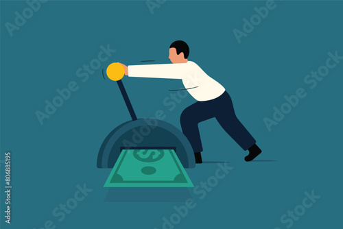 Free Cash Flow Concept. Businessman Operating Large Lever in Finance.