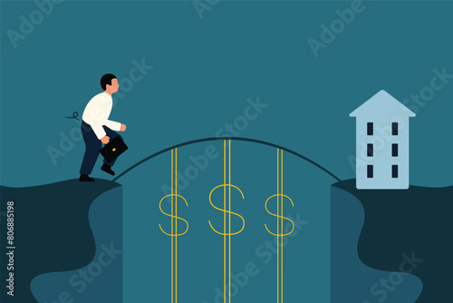 Bridge Loans For Real Estate Investors. Businessman Crossing the Dollar Bridge to Financial Goals or Loans.