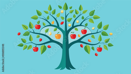 A tree with branches extending to both sides one side bearing fruits symbolizing personal growth and the other side with leaves representing external. Vector illustration