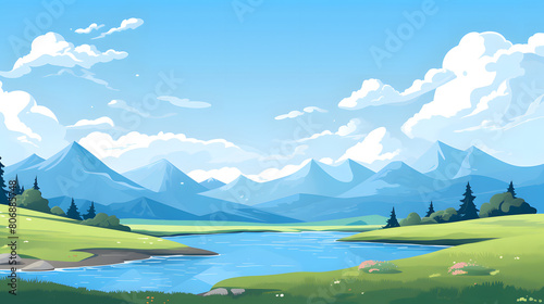 Digital mountain and river flat illustration graphic poster background © yonshan