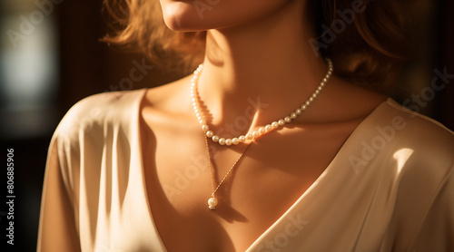 cropped photo of beautiful woman wearing pearl necklace