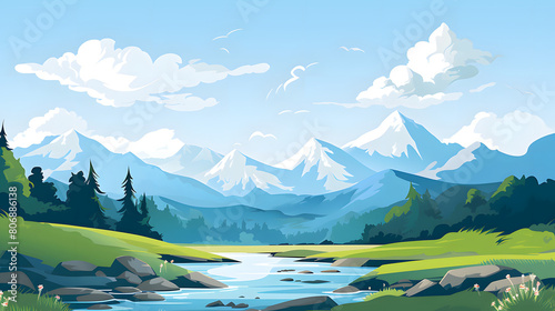 Digital mountain and river flat illustration graphic poster background