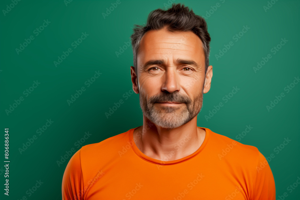 Portrait of middle aged smiling man isolated on green background. Happy man with orange t-shirt. Portrait of middle aged smiling man isolated on green background. Happy man with orange t-shirt.