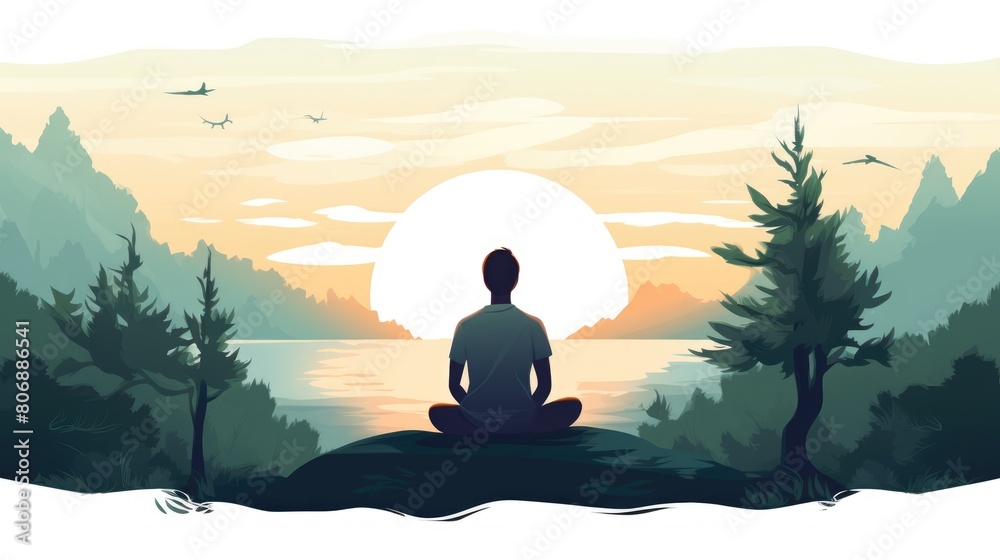 Mindful breathing cartoon illustration - Generative AI. Man, yoga, sunset, lake, tree.