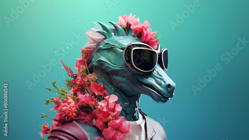 Portrait of anthropomorphic hyperrealistic cyberpunk sea horse character wearing sunglasses and wreath of flowers on minimal blue background. Modern pop art illustration